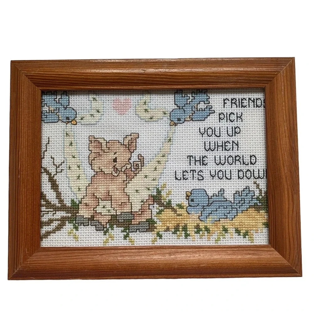Vtg Needlepoint Embroidery Art Wood Framed w/ Glass Wall Hanging Friends Love